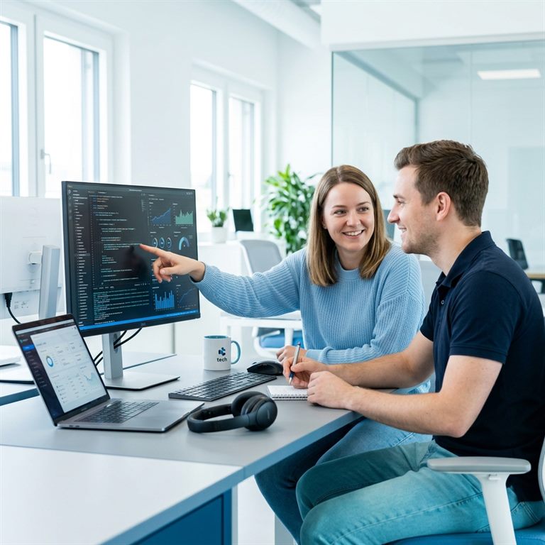 Softwareentwickler und Kundin besprechen Software am Computer